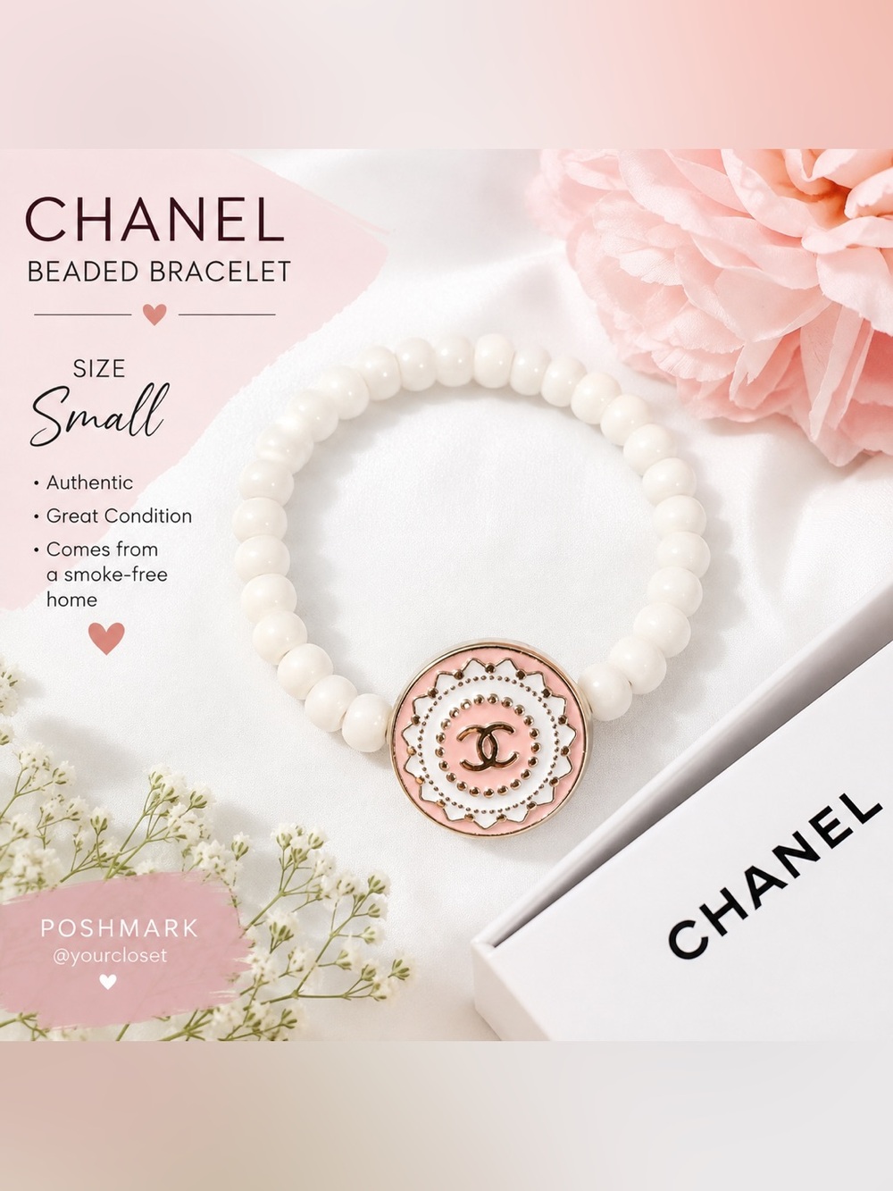 CHANEL White Beaded Bracelet with Pink and Gold Logo Medallion